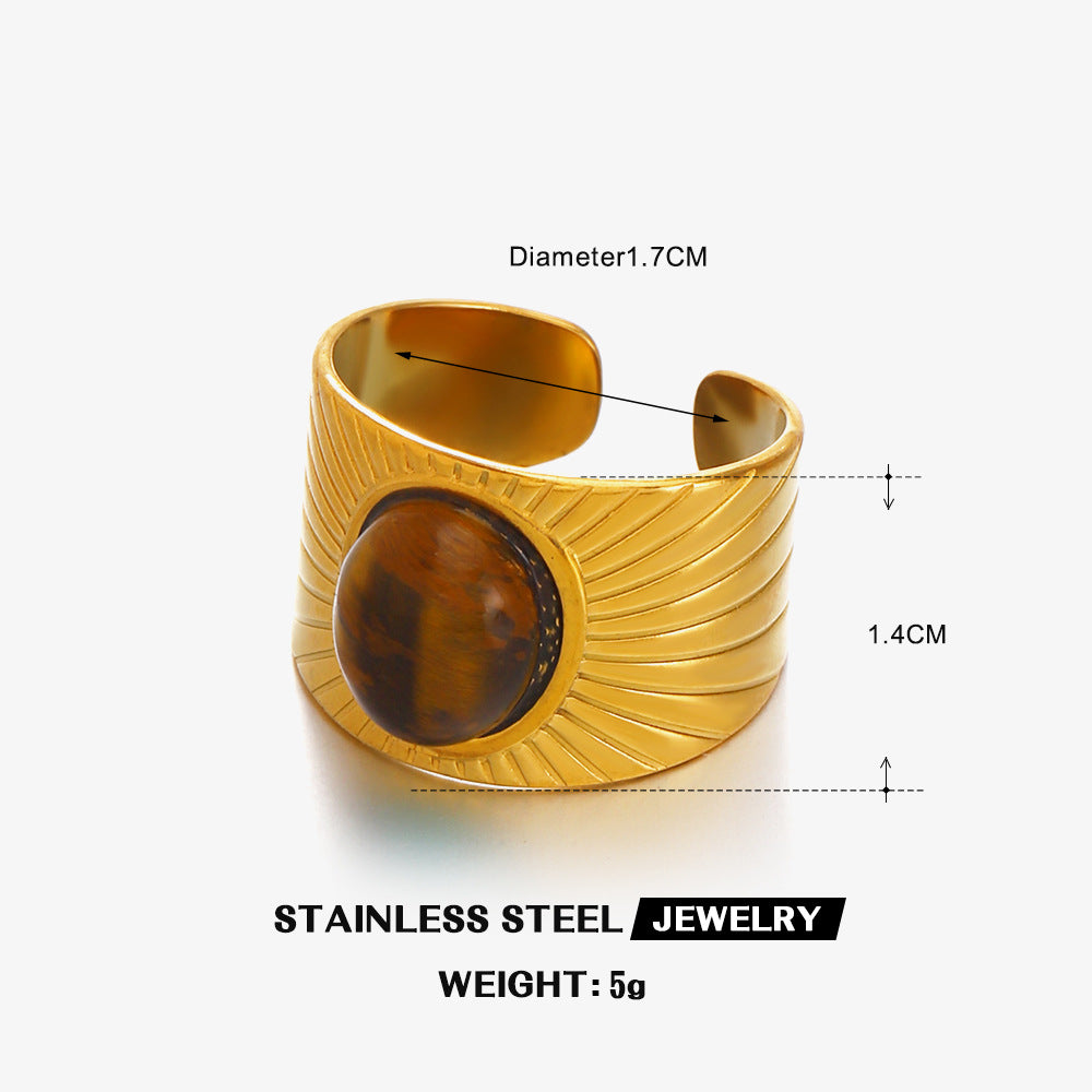 Multi Gemstone 18K Gold Turquoise Tiger Eye Pearl Anti Tarnish Stainless Steel Band Ring For Women