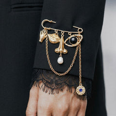 Gold Abstract Face Eye Pearl Enamel Brooch For Women