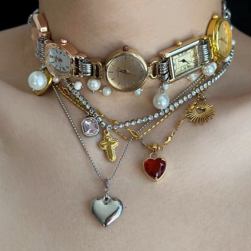 Heart Cross Pearl Vintage Punk Anti Tarnish Multi Watch Choker Necklace For Women