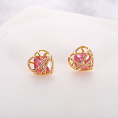 Fashion Heart Frame Gold Plated CZ Anti Tarnish Copper Stud Earrings