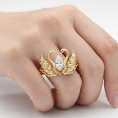 Gold Twin Swan Cubic Zirconia Copper Size Ring For Women 