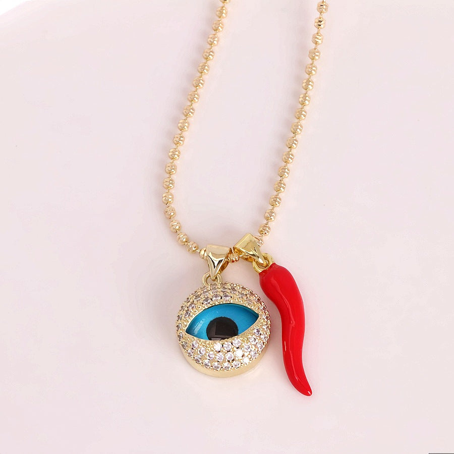 Blue Evil Eye Red Chili Charm Gold CZ Enamel Copper Pendant Chain