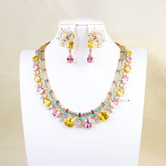 Elegant Gold Tone Pink Yellow White CZ Copper Necklace Earring Set