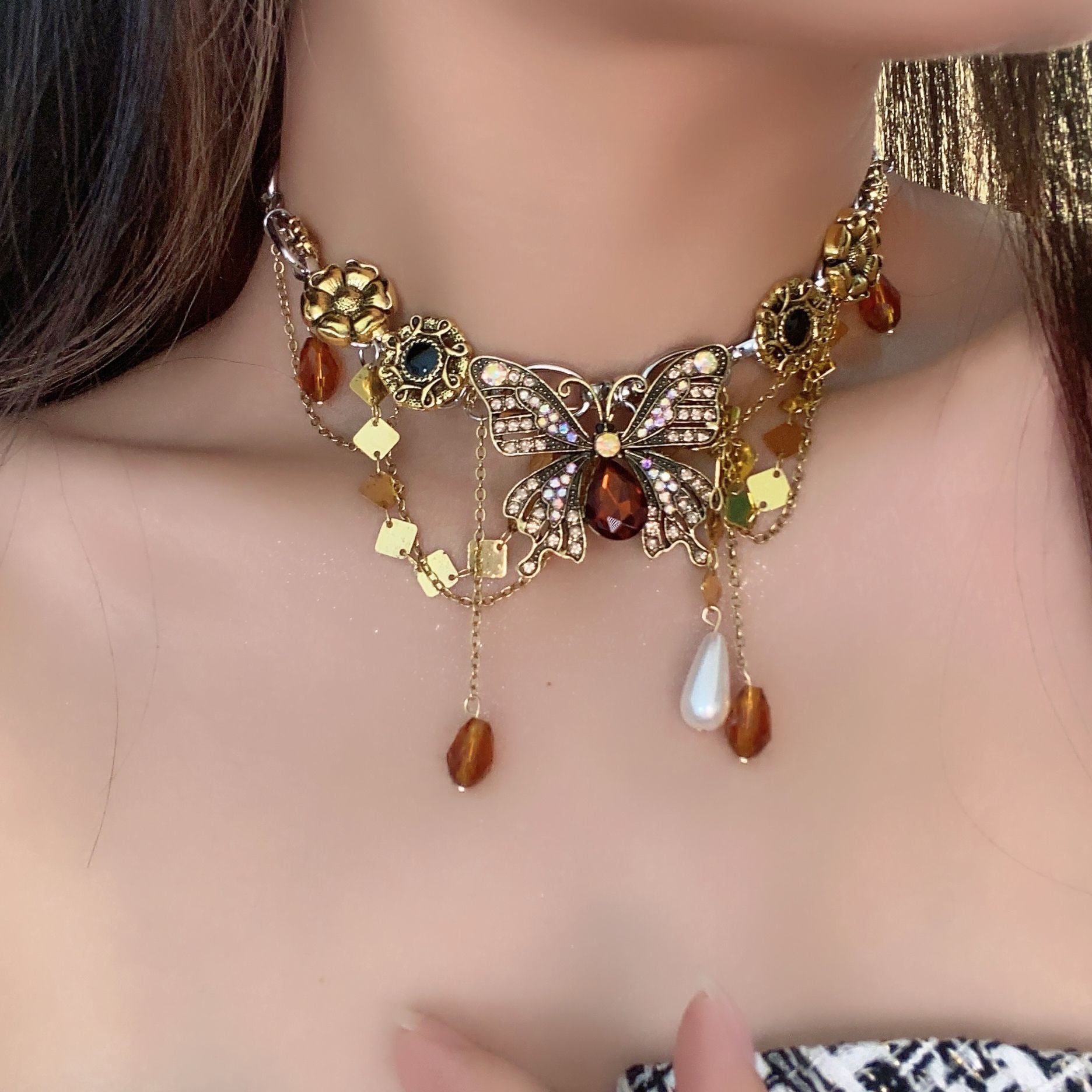 Butterfly Flower Multicolour 18K Gold Anti Tarnish Charm Necklace For Women