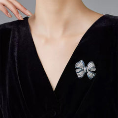 Blue Baguette Ribbon Bow Silver Plated CZ Copper Anti Tarnish Brooch