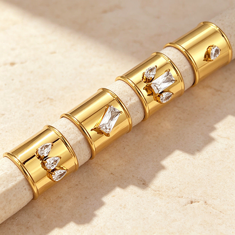 Designer Wide Band Gold Plated CZ Stainless Steel Anti Tarnish Fancy Ring