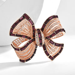 Rose Gold Plated Bow Burgundy Baguette CZ Enamel Copper Brooch For Women