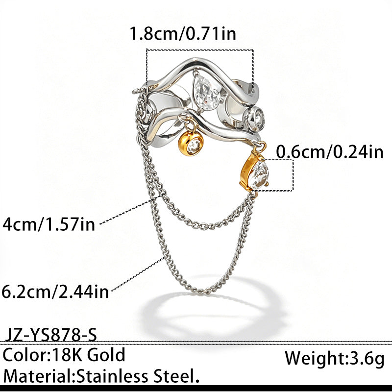 Dual Tone Gold Silver CZ Crystal Chain Stainless Steel Cocktail Ring