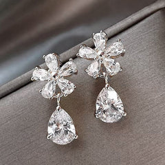 Gold Silver Flower Cubic Zirconia Dangler Earrings For Women