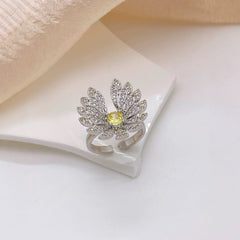Gold Silver Flower Cubic Zirconia Copper Adjustable Ring For Women