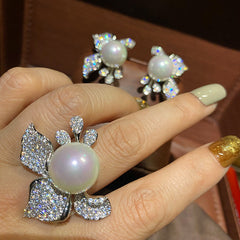 Bow Flower Silver CZ Pearl Copper Adjustable Cocktail Ring