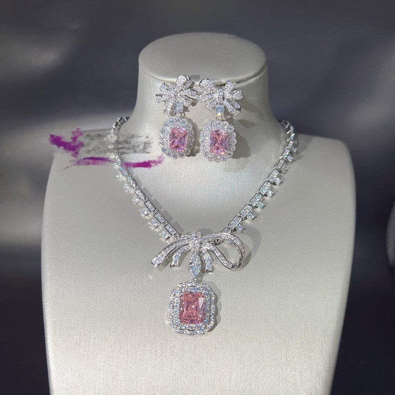 Emerald Cut CZ Bow Silver Plated Copper Necklace Combo Set For Women