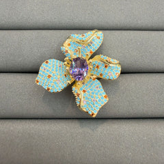 Floral Gold Plated Turquoise Purple CZ Copper Stud Earrings & Ring Set