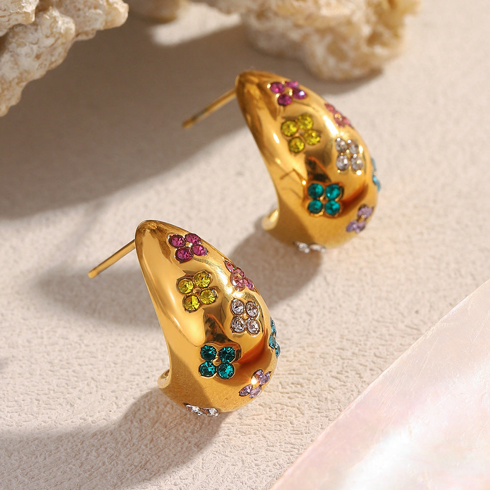 Flower Multi 18K Gold Cubic Zirconia Stainless Steel Stud Earring For Women