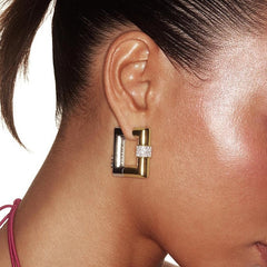 Elegant Dual Tone Square Gold Silver Plated CZ Copper Hoop Earrings