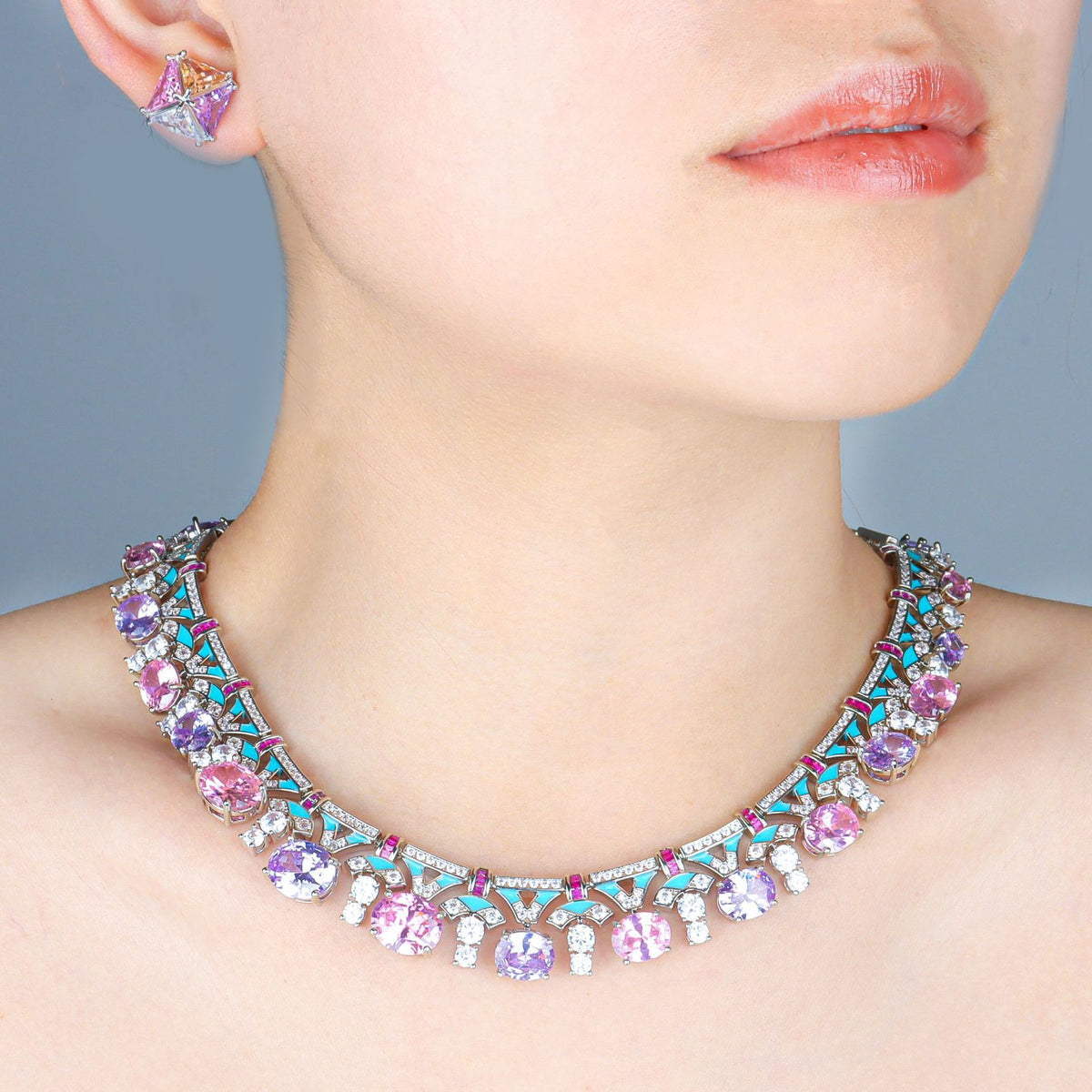 Luxury Silver Tone Pink Purple White CZ Copper Necklace Earring Set
