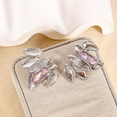 Pink Modern Abstract Silver Rhinestone Dangler Earrings For Women