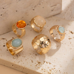 Beaten Finish Green Orange Gemstone 18K Gold Free Size Ring Combo Pack Of 5 For Women