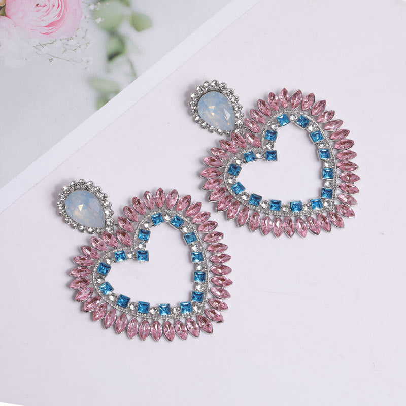 Heart Silver Pink Blue Crystal Cubic Zirconia Dangler Earring For Women