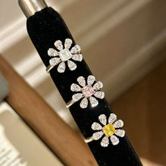 Pink Yellow White Flower Gold Cubic Zirconia Copper Adjustable Ring