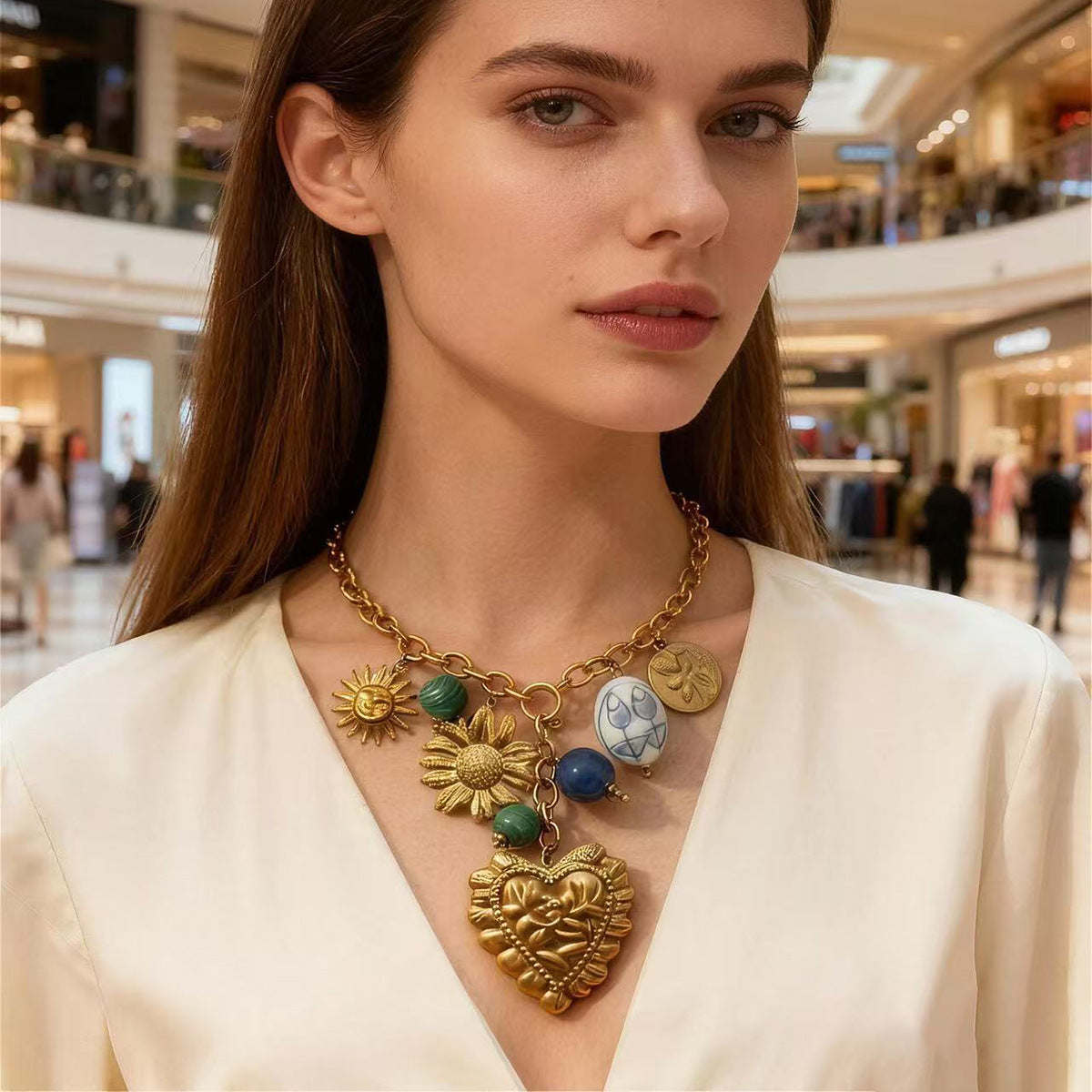 Blue Green Heart Beads Flower Sun Gold Alloy Necklace For Women