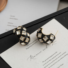 Black 18K Gold Enamel Cubic Zirconia Anti Tarnish Hoop Earring For Women