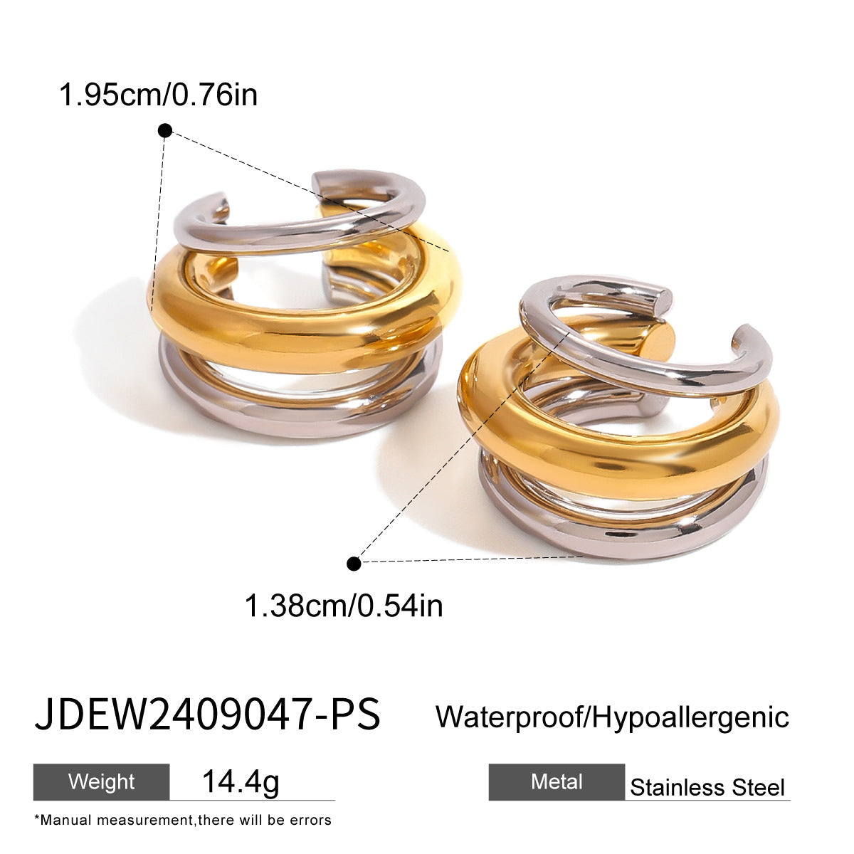 Two Tone 18K Gold Silver Anti Tarnish Stainless Steel Ear Cuff Earring For Women