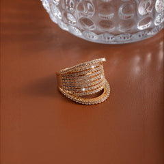 Luxury Multi Row Gold Plated CZ Copper Anti Tarnish Cocktail Ring