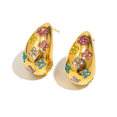 Flower Multi 18K Gold Cubic Zirconia Stainless Steel Stud Earring For Women