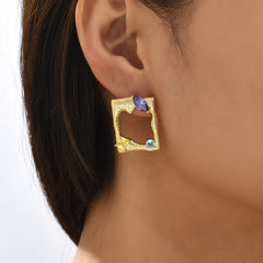 Multi Color Square Shape Gold Plated CZ Stainless Steel Stud Earrings