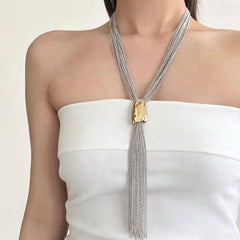 Dual Tone Multi Strand Tassel Gold Silver Stainless Steel Necklace