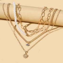 Multi Layer Gold Chain White Pearl Blue Evil Eye Sun Charm Alloy Necklace