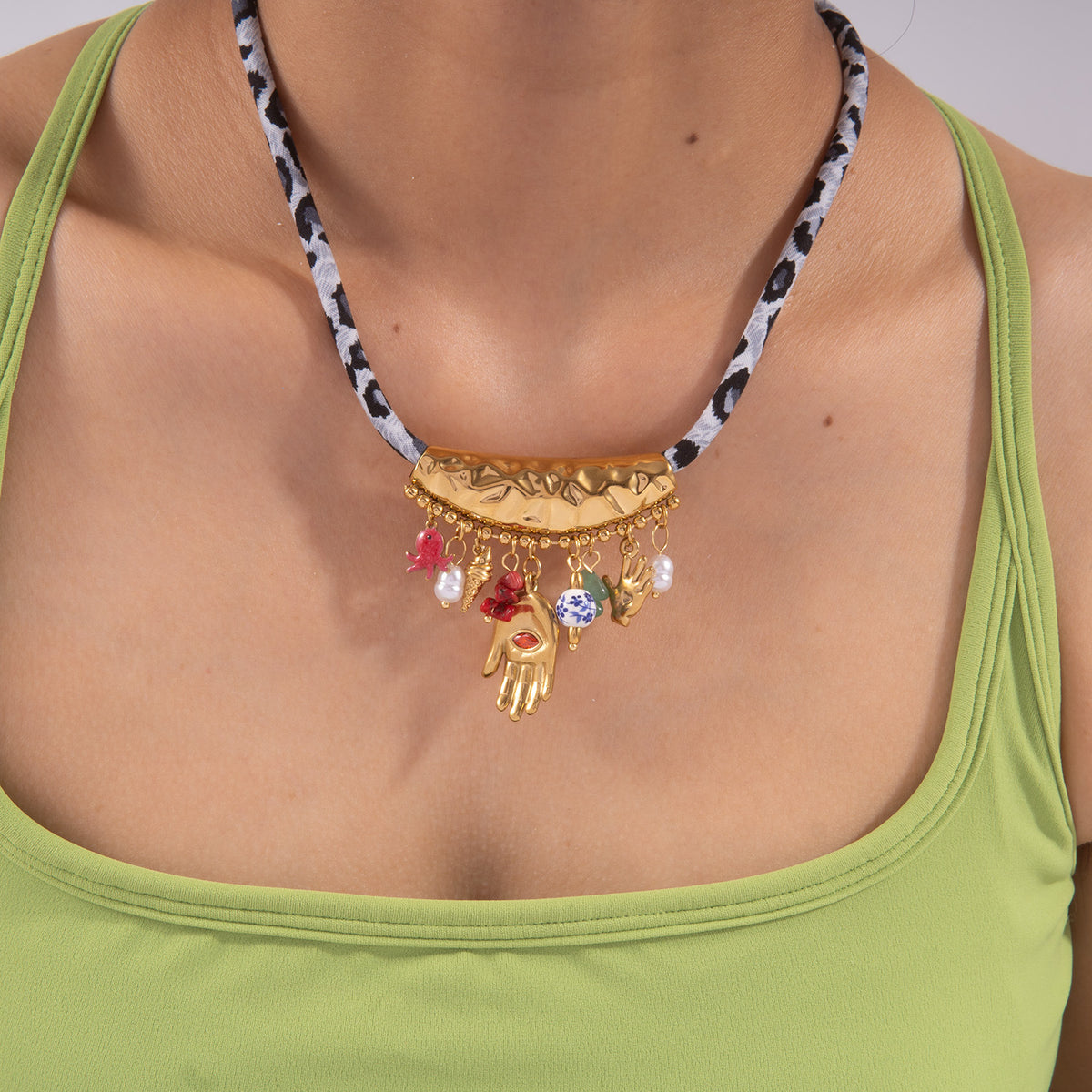 Multicolor Enamel & Faux Pearl Tribal Charm Gold Plated Alloy Necklace 