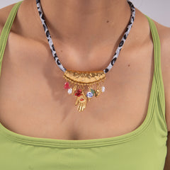 Multicolor Enamel & Faux Pearl Tribal Charm Gold Plated Alloy Necklace 