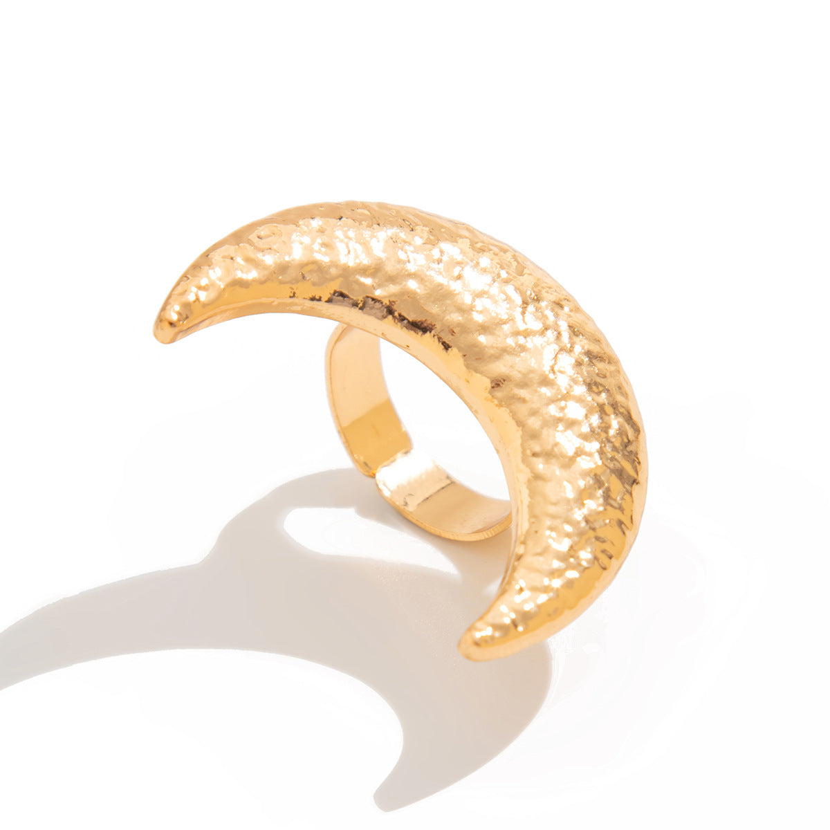Beaten Finish Crescent Moon 18K Gold Free Size Ring For Women