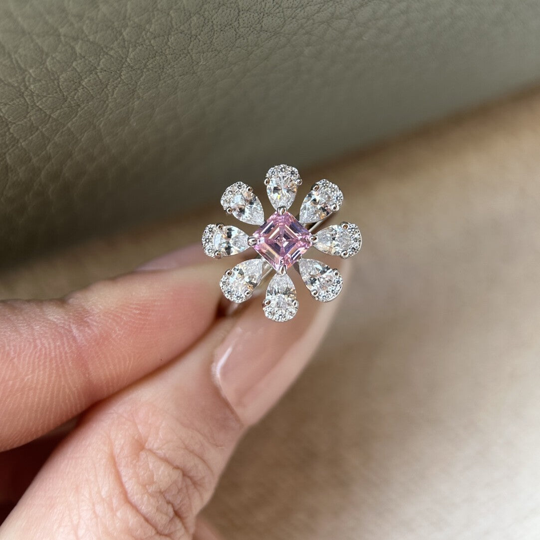 Pink Yellow White Flower Gold Cubic Zirconia Copper Adjustable Ring