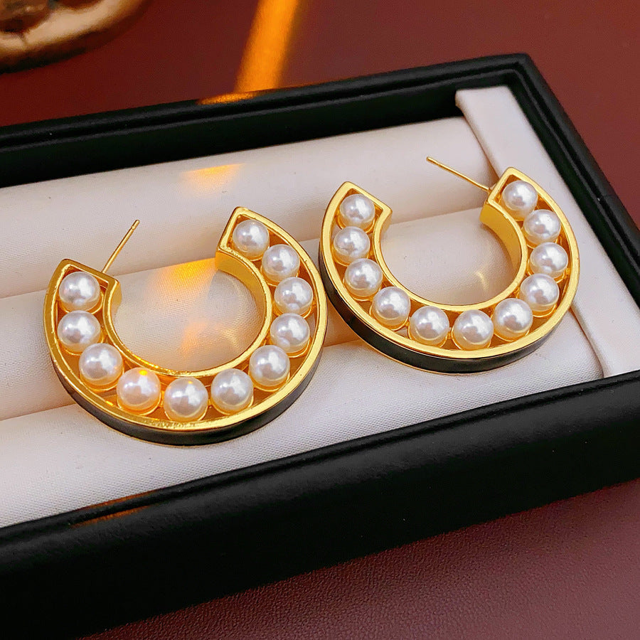 Pearl 18K Gold Black Enamel Anti Tarnish Hoop Earring For Women