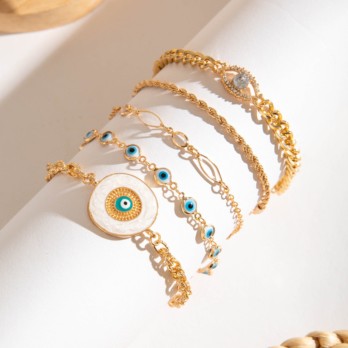 Evil Eye White 18K Gold Enamel Pearl Cubic Zirconia  Bracelet Pack Of 5 for Women