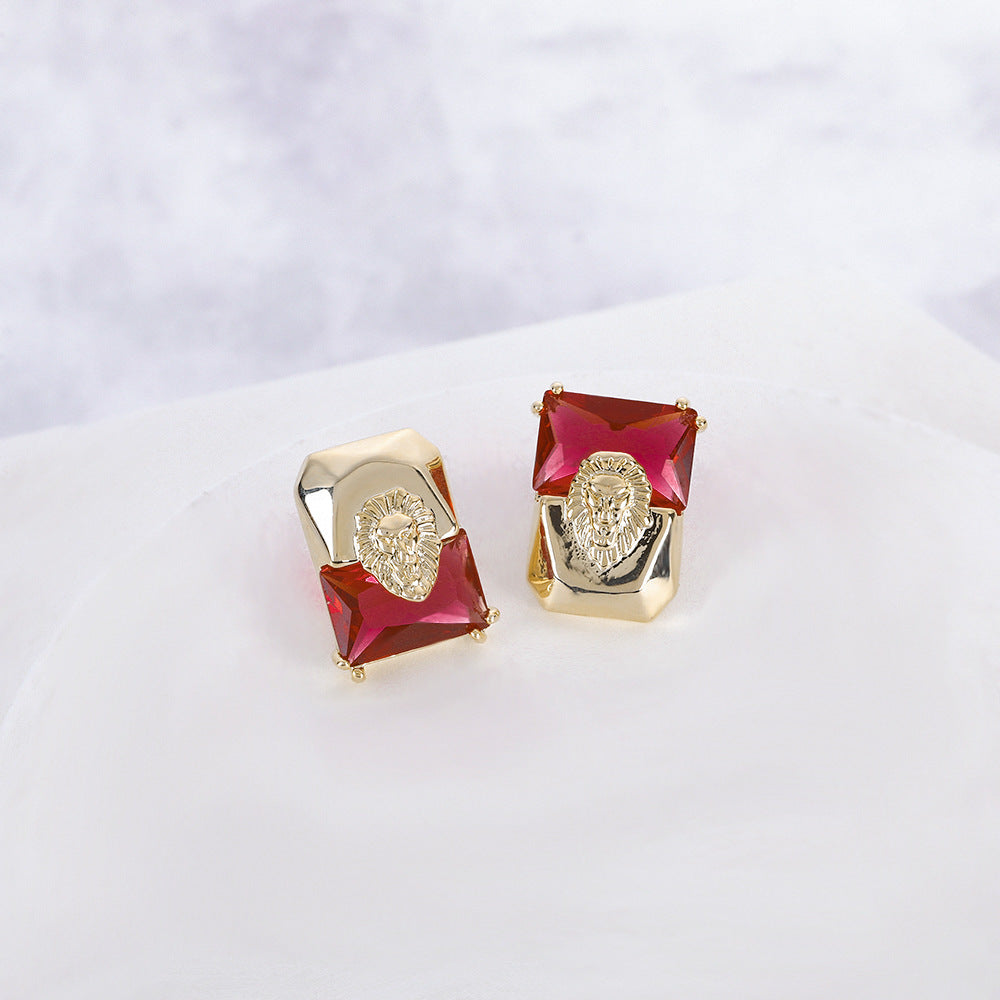 Geometric Lion Head Gold Plated CZ Anti Tarnish Copper Stud Earrings