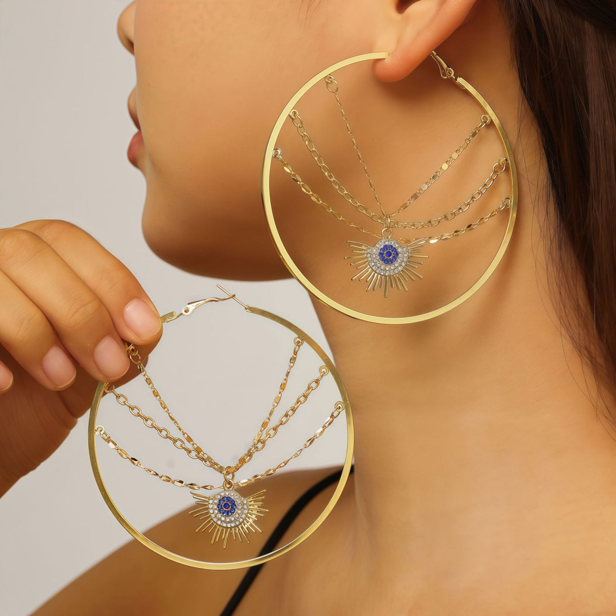 Designer Evil Eye Sunburst Gold Plated CZ Chain Copper Hoop Earrings