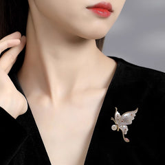 White Black Butterfly Gold Plated CZ Pearl Brass Anti Tarnish Brooch