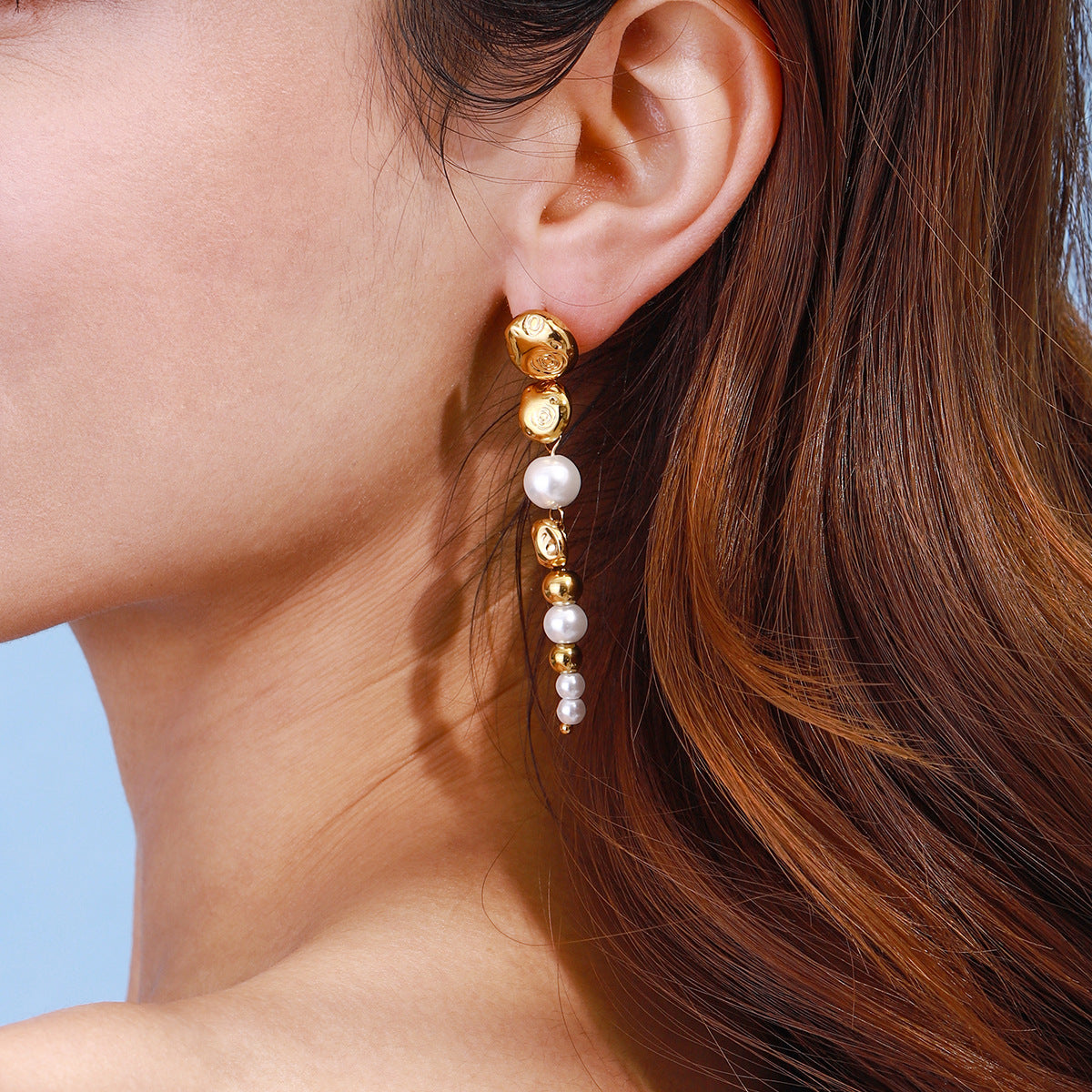 Beads Pearl 18K Gold White Anti Tarnish Stainless Steel Dangler Drop Earrings For Women