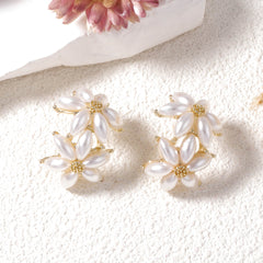 Dual Flower Pearl White 18K Gold Stud Earring For Women