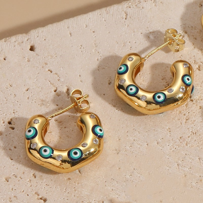 Evil Eye Gold CZ Anti Tarnish Stainless Steel Hoop Earrings