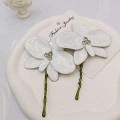 White Purple Black Flower Leaves Gold Enamel Dangler Earrings