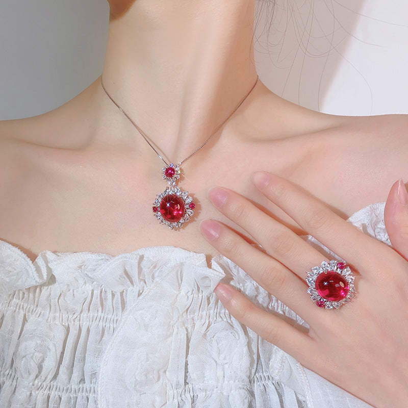 Oval Flower Red Blue Gemstone Silver Cubic Zirconia Anti Tarnish Pendant Chain Ring Set For Women