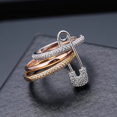 Safety Pin Multi Cubic Zirconia Anti Tarnish Band Ring For Women