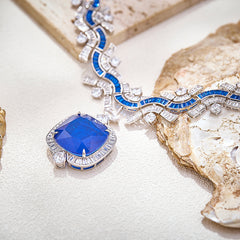 Designer Royal Blue Wave Silver Plated CZ Anti Tarnish Copper Necklace