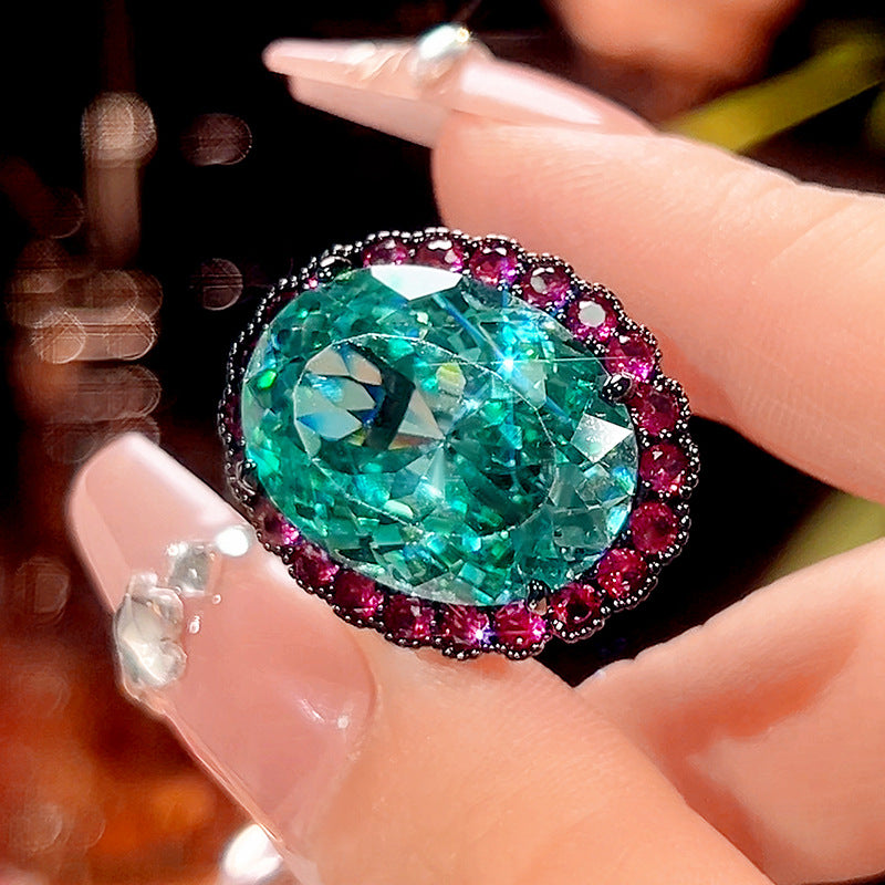 Oval Emerald Green Pink Gold Crystal Anti Tarnish Adjustable Ring