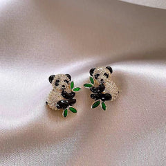 Luxury Gold Plated Panda Bear Green Enamel CZ Crystal Stud Earrings